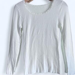 Marks & Spencer Womens White Long Sleeve Knit Shirt Lace Trim Coquette Dainty 12